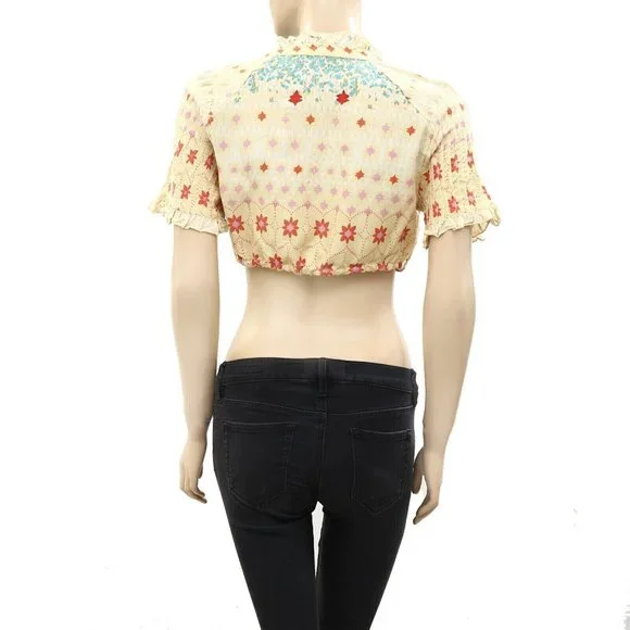 Free People Ditsy Floral Printed Cropped Top Ruffle Beige Buttondown S - Picture 3 of 4